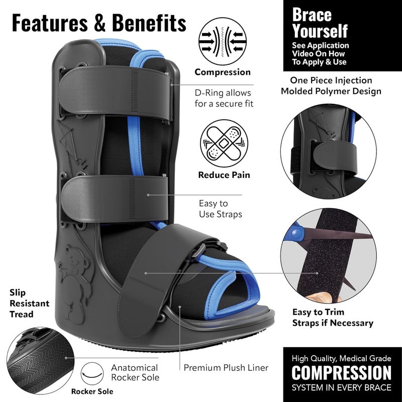 Braceapedia Pediatric Buddy Boot, Kids Medical Grade Left/Right Foot & Ankle Support Brace, Sprain & Injury Recovery Walker Boots, Kids Ankle Brace for Sports and Recovery, Medium Blue Liner, Black - Image 3